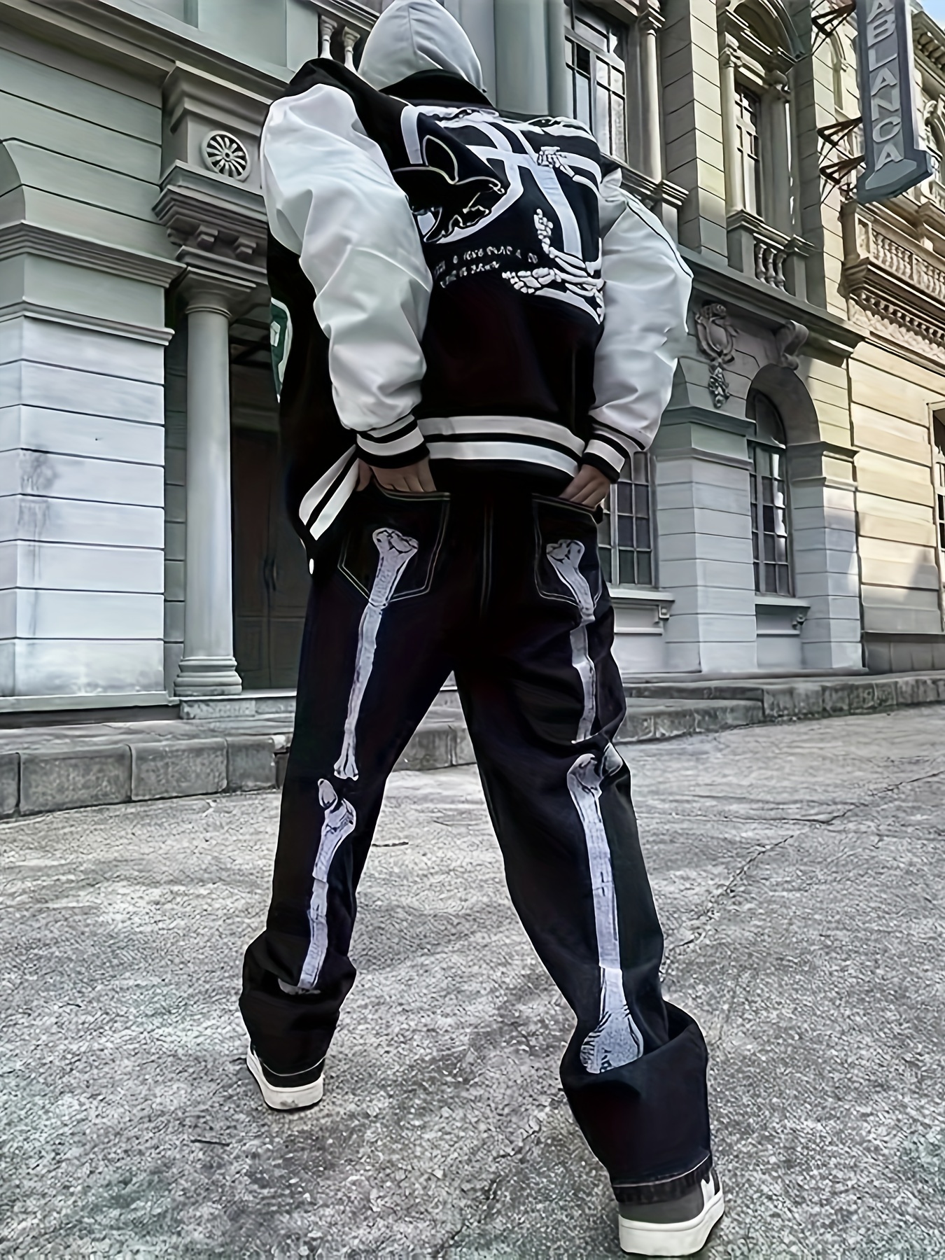 Halloween Skeleton Pattern Loose Fit Jeans, Men's Casual Street Style Baggy  Denim Pants