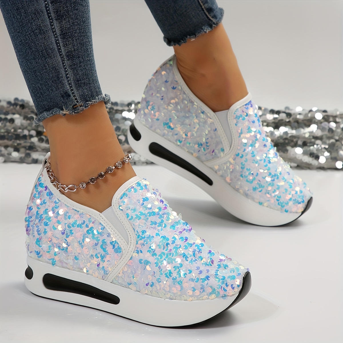 Jsezml Women's Glitter Tennis Sneakers Breathable Mesh Platform Sneakers  Sequin Slip On Loafers Lightweight Walking Shoes