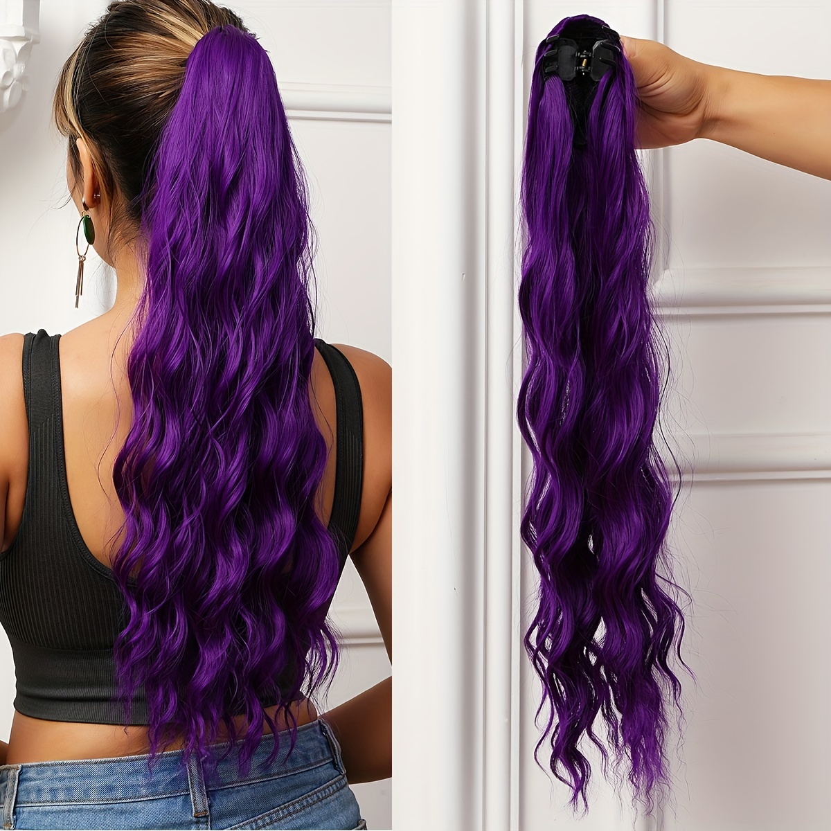 purple ponytail extensions long synthetic pony tails hair extensions clip on ponytails for women 24 claw ponytail extension hair piece wavy high pony tails synthetic heat friendly fiber for girls details 1