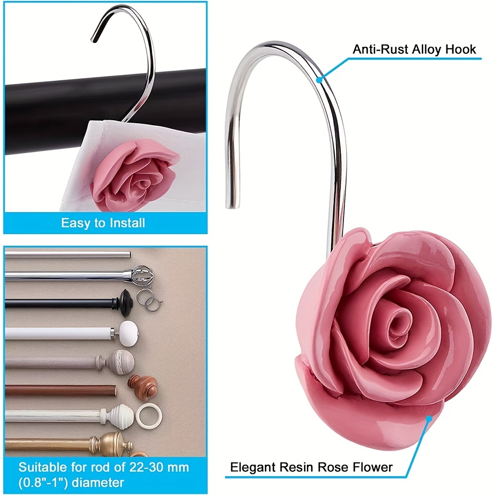 12pcs Shower Curtain Hooks, Home Decor Resin Rose Flower Shaped Anti-rust Shower  Curtain Hooks For Bathroom Shower Rods / Curtains (red)