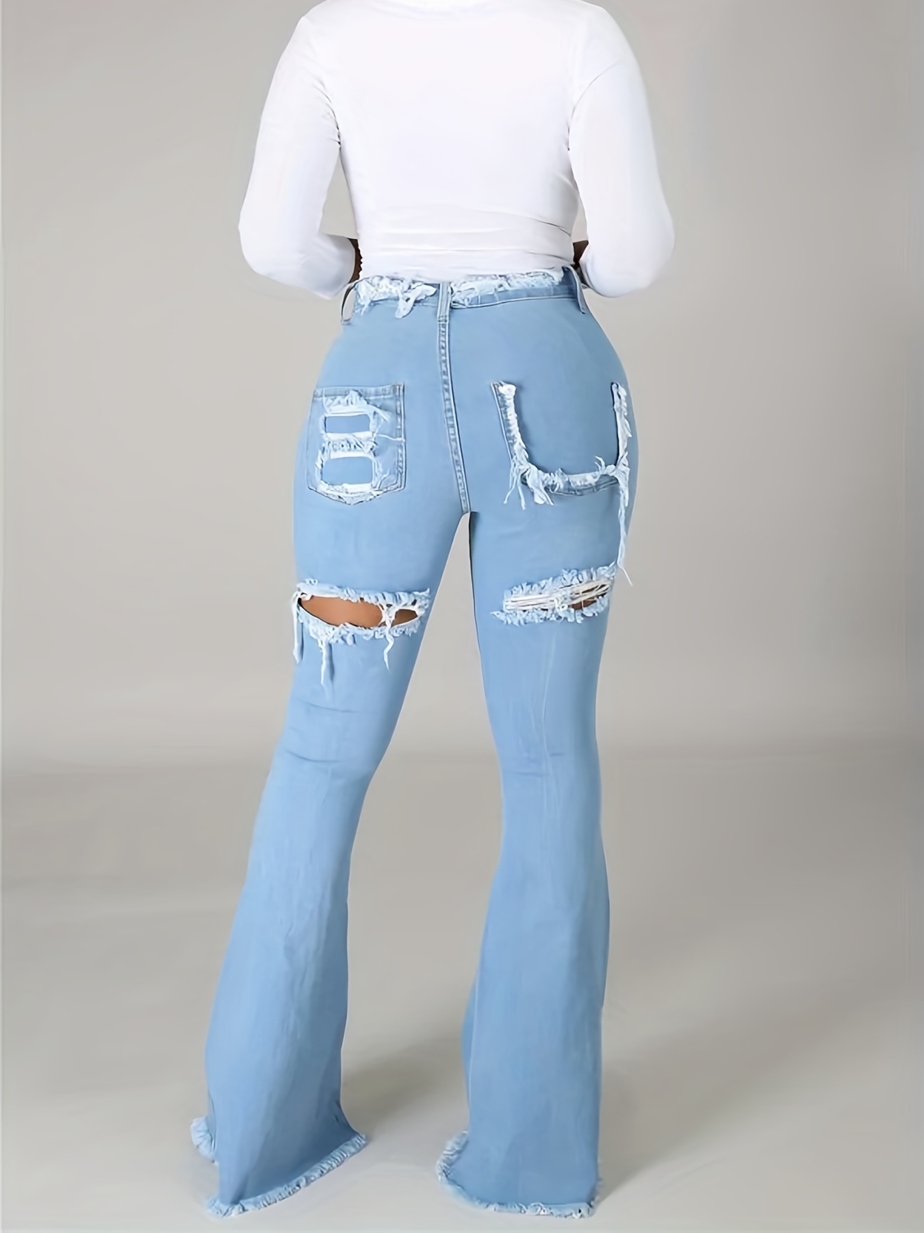 Blue * Hem Flare Jeans, Distressed High Waist Ripped Holes Bell Bottom  Jeans, Women's Denim Jeans & Clothing