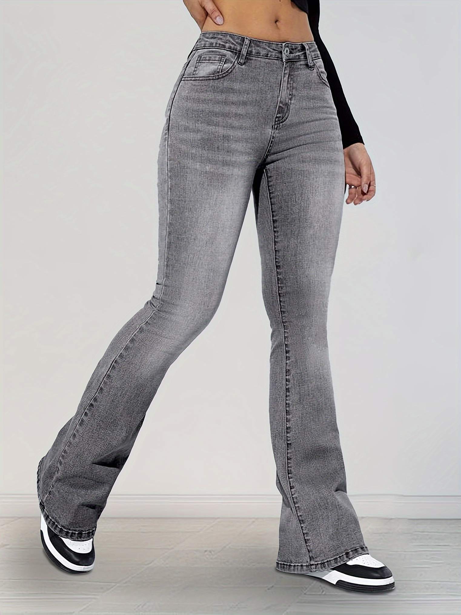 Gray High Waist Bootcut Jeans, Slim Fitted Fashion Slant Pocket Denim  Pants, Women's Denim Jeans & Clothing