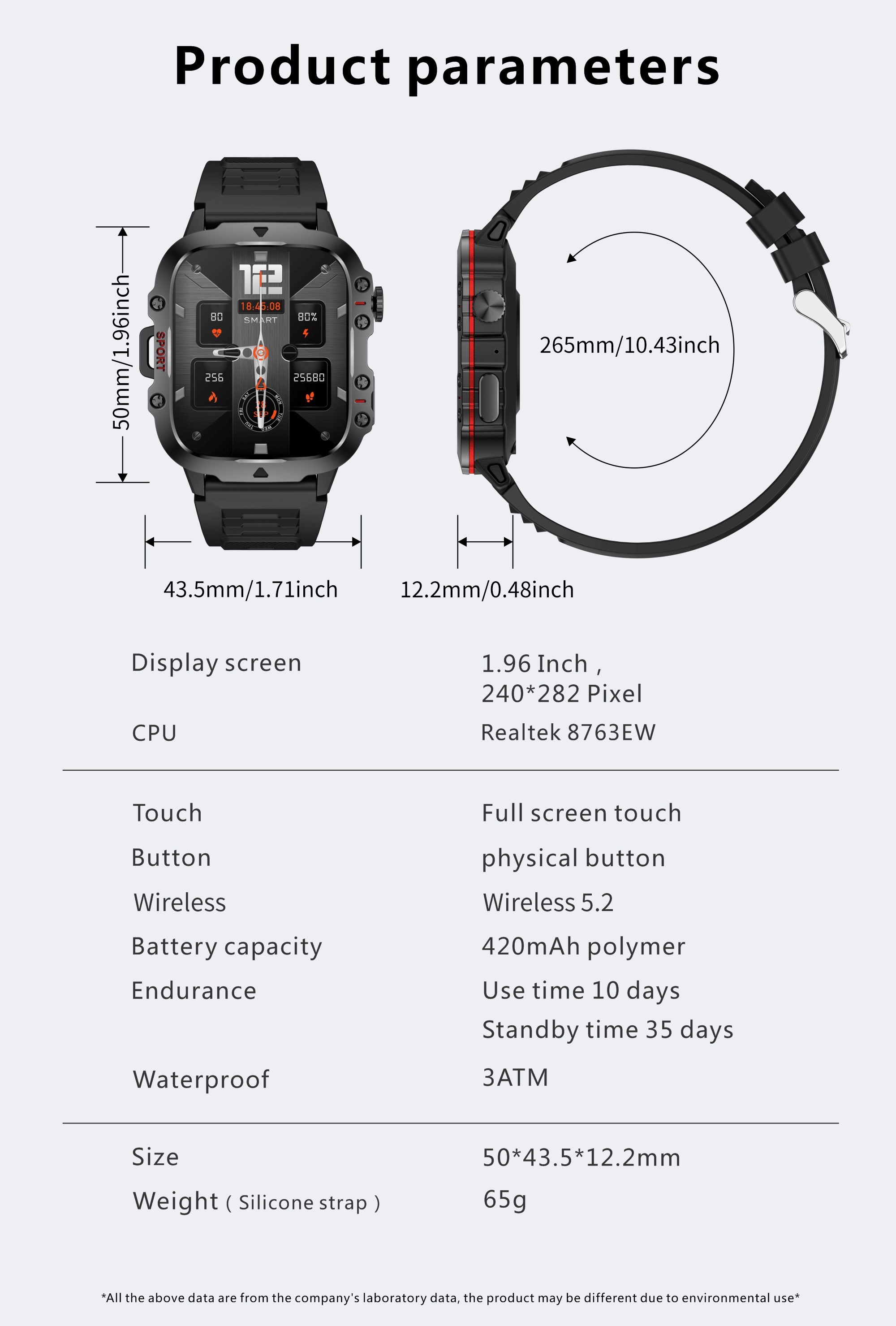 mens smart watch 1 96 inch large screen 420 mah large battery wireless calls voice assistant 100 sports modes weather sleep monitoring sedentary reminder remote photo smart watch details 15