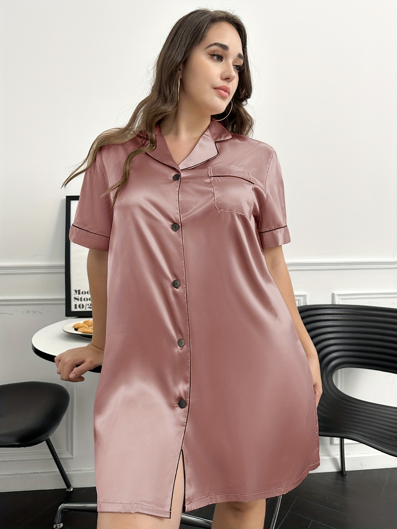 Plus Size Elegant Nightdress, Women's Contrast Pipping Collared Button Up Short Sleeve Nightshirt - Temu