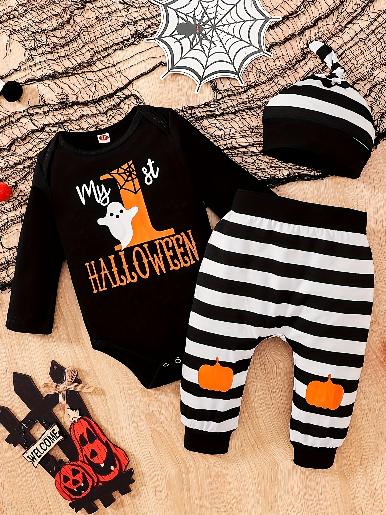 Halloween 3pcs Baby Boy/Girl 95% Cotton Long-sleeve Pumpkin & Letter Print Romper and Striped Pants with Hat Set