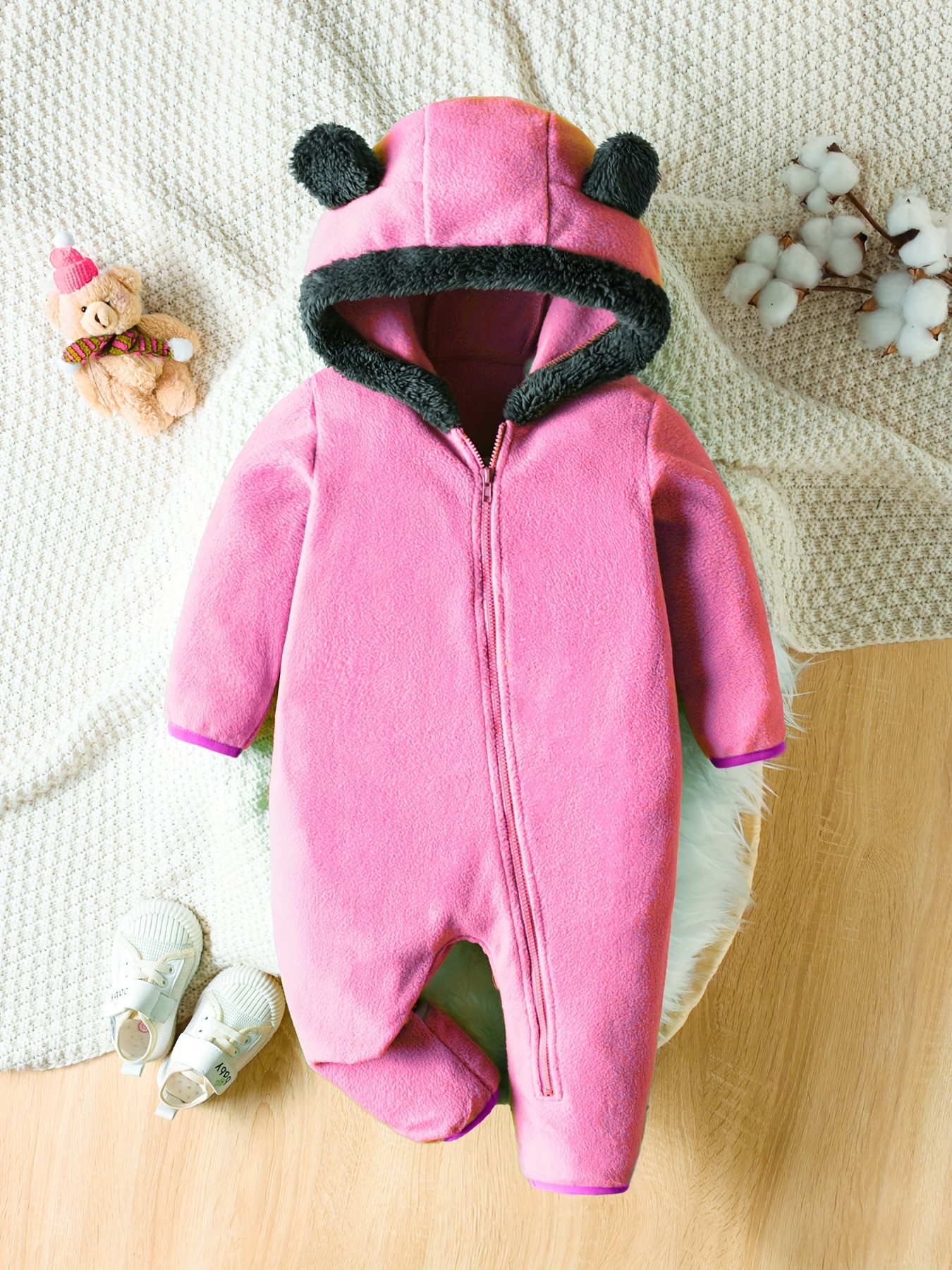 Newborn Baby Warm & Cute Bear Shape Hooded Jumpsuit Zip Up Onesie Romper  Fall Winter Outwear