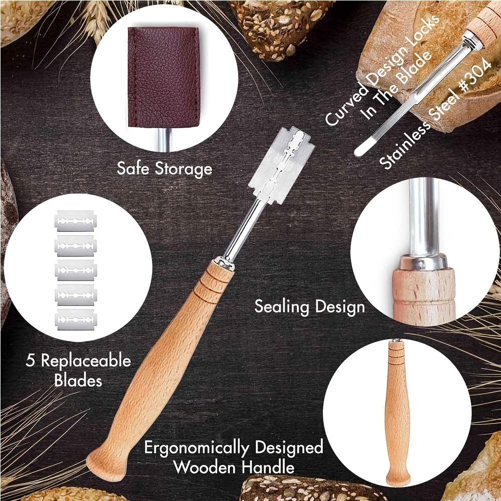 Bread Lame Wooden Handle Bread Slashing Tool Dough Scoring Knife With 5  Pieces Replaceable Blades For Bread Making Kitchen Accessories 