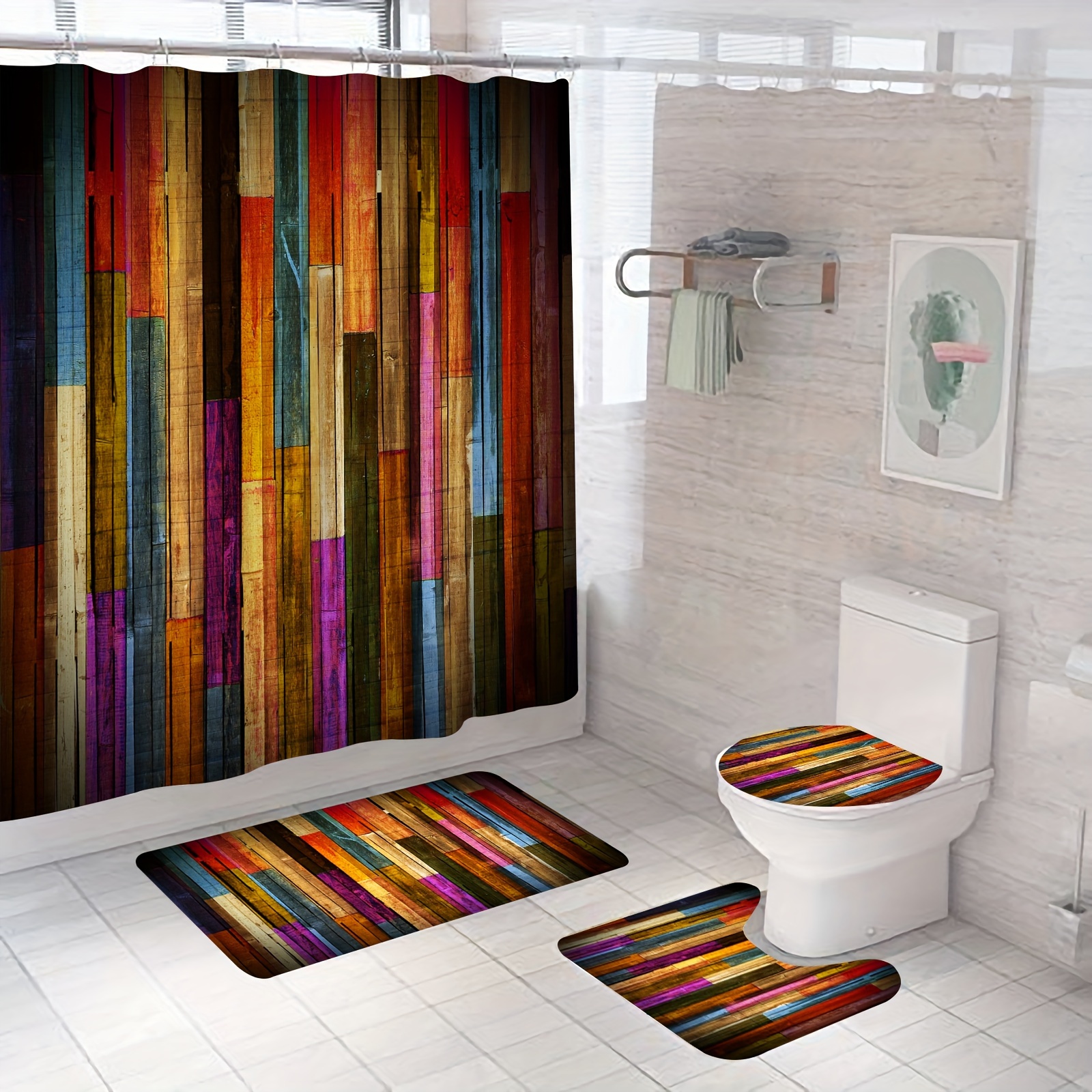 1/4pcs Colorful Wooden Board Shower Curtain Set, Rustic Wooden Pattern  Shower Curtain Set, Bathroom Waterproof Shower Curtain With Plastic Hooks,  Bath