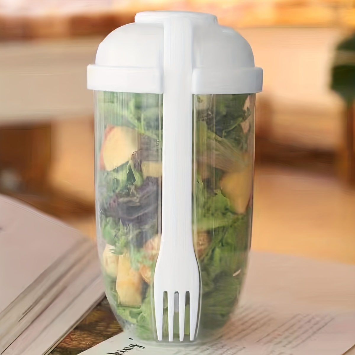 1pc White Portable Salad Cup With Cutlery And Dressing Container, Suitable  For Carrying Vegetable Or Fruit Salad On-the-go