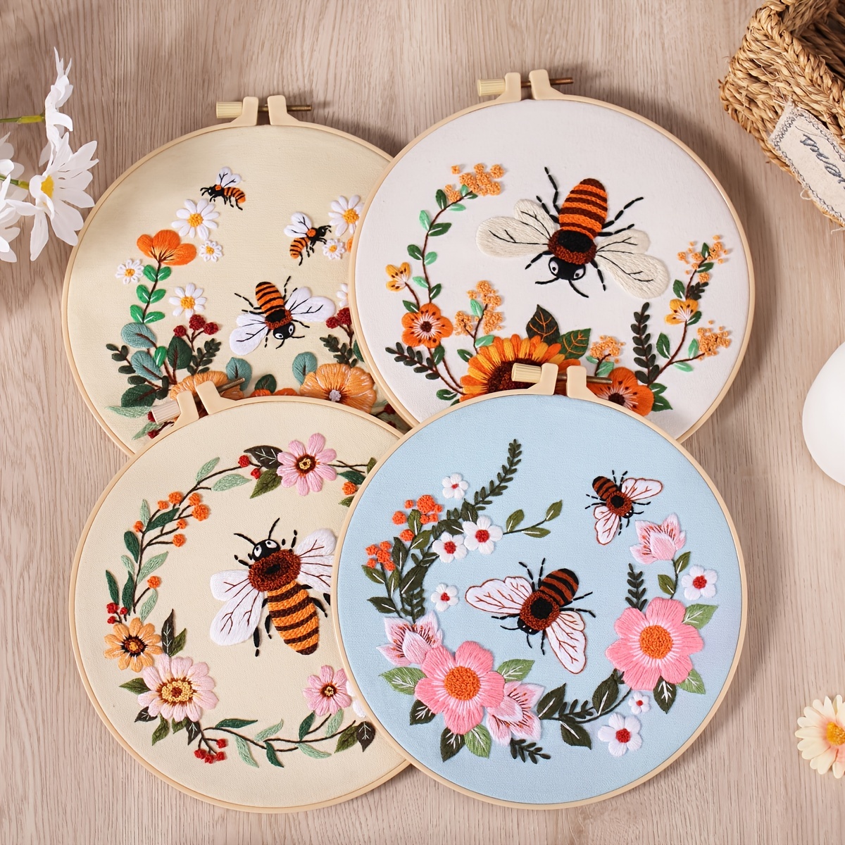 Embroidery Kit Honeybee And Flowers Include 1 Embroidery - Temu