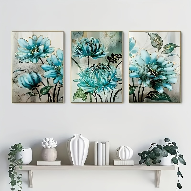 3 Pezzi Dipinto Tela Pizzo Oro Fiore Blu Poster Decorazione - Temu