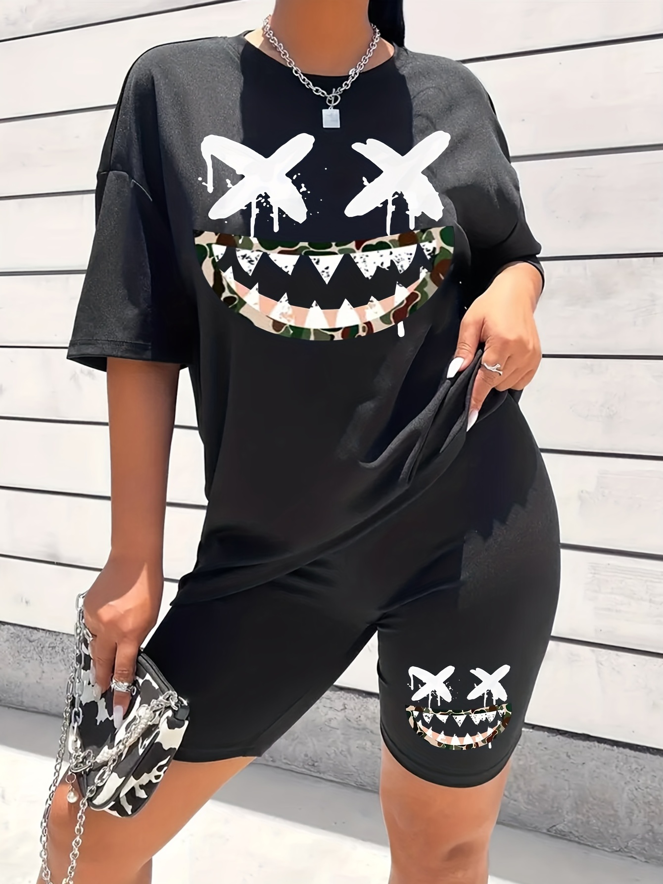 Cartoon Print Short Sleeve T shirt Biker Shorts Summer - Temu