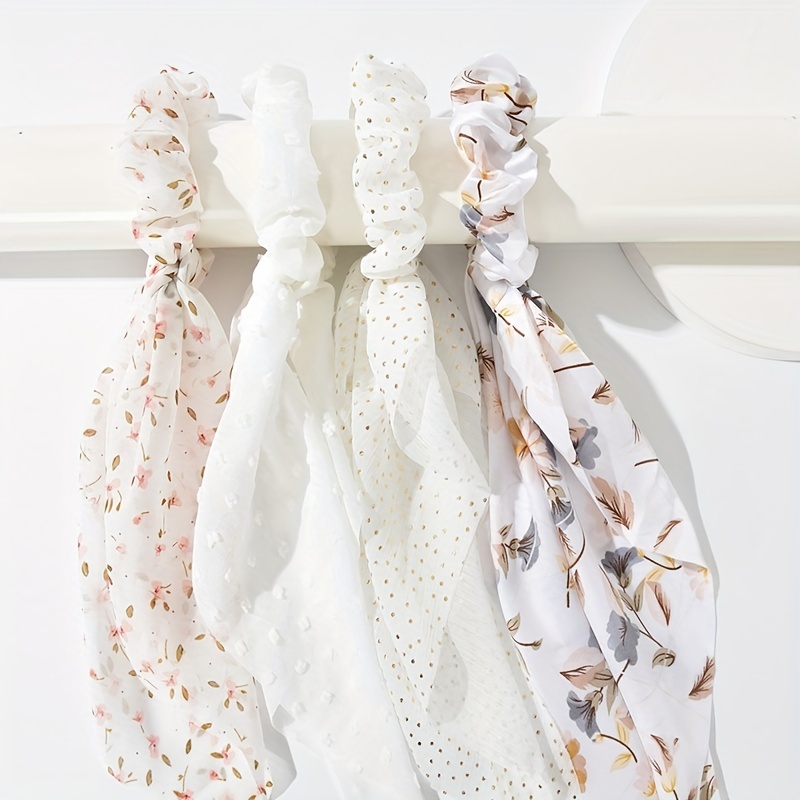 

4pcs Floral Print Scarf Scrunchie Hair Tie Polka Dot Pattern Simple Elegant Exquisite Hair Rope For Women