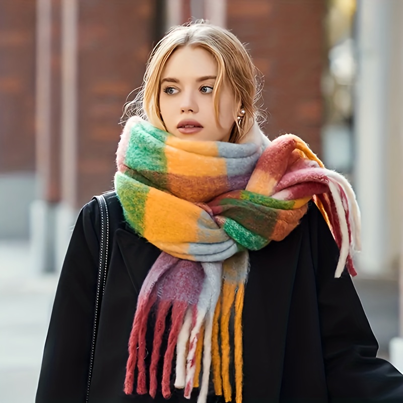 Temu Boho Contrast Color Striped Chunky Scarf Ladies Mohair Thickened Warm Tassel Long Scarf Autumn Winter Versatile Coldproof Daily Wear Wrapped Neck