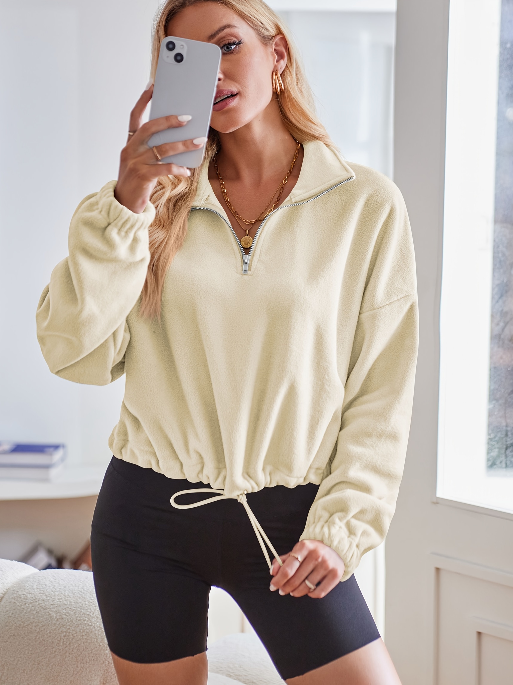  PRDECE Sweatshirt for Women- Solid Drop Shoulder Zip