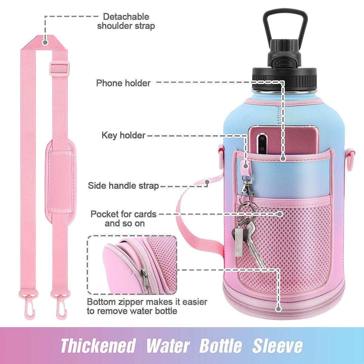 Half Gallon Water Bottle with Sleeve & Strap 64 OZ Water Bottle