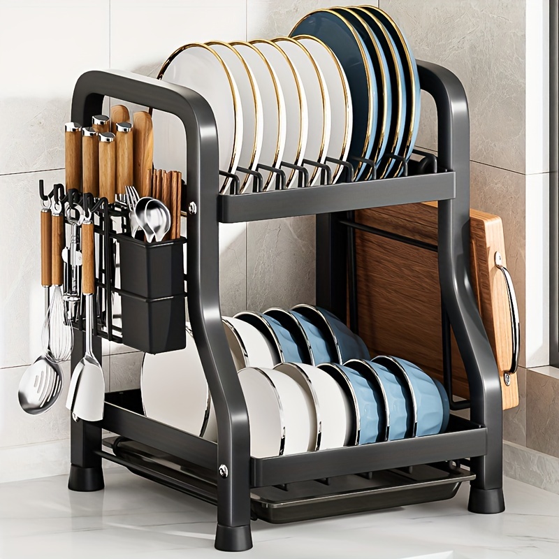 2-Tier Dish Drainer Rack with Drip Tray Metal Wire Cutlery Holder