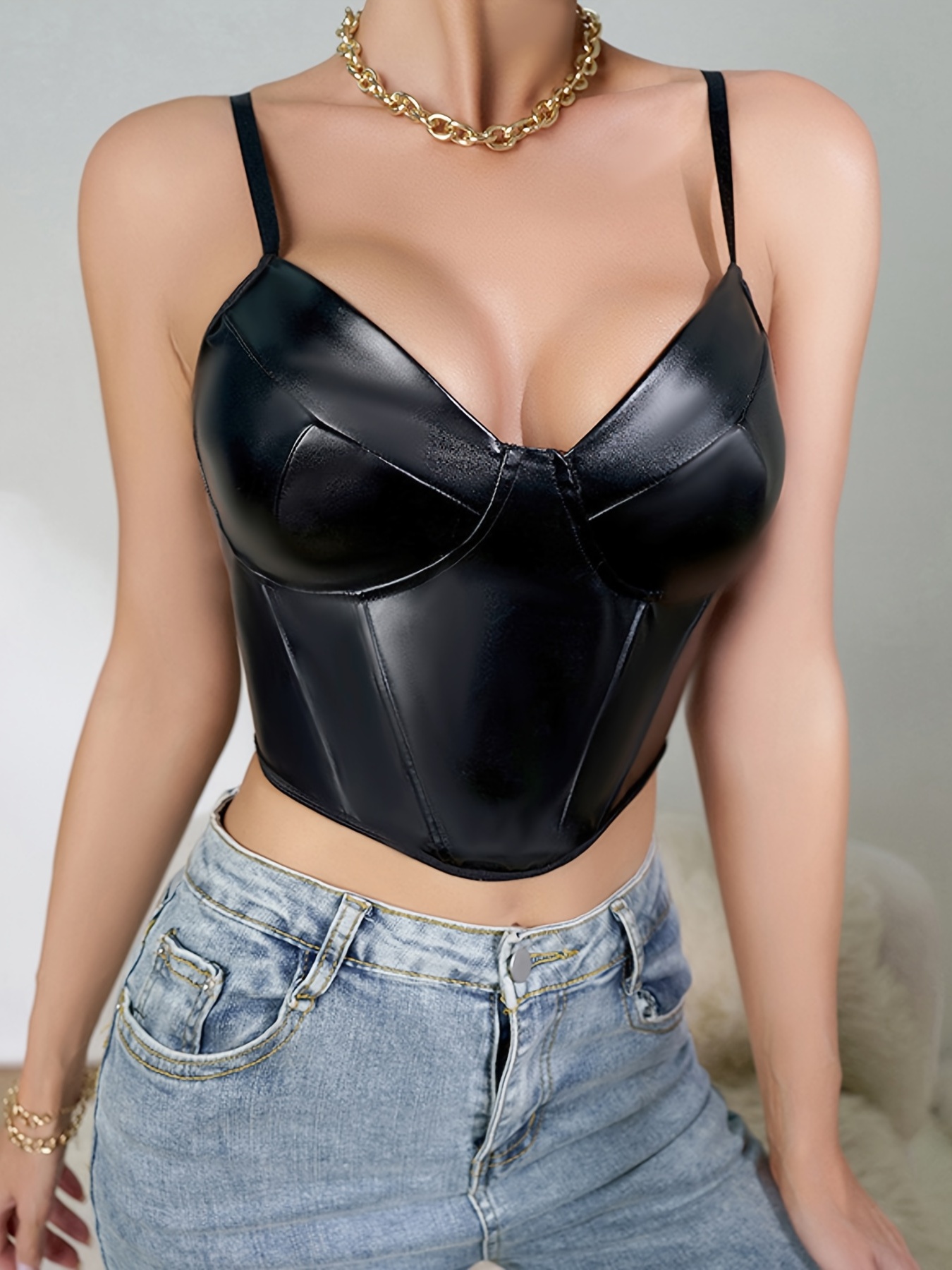 PU Leather Black Bustier Cami Top, Sexy V Neck Push Up Solid Corset,  Women's Underwear & Lingerie