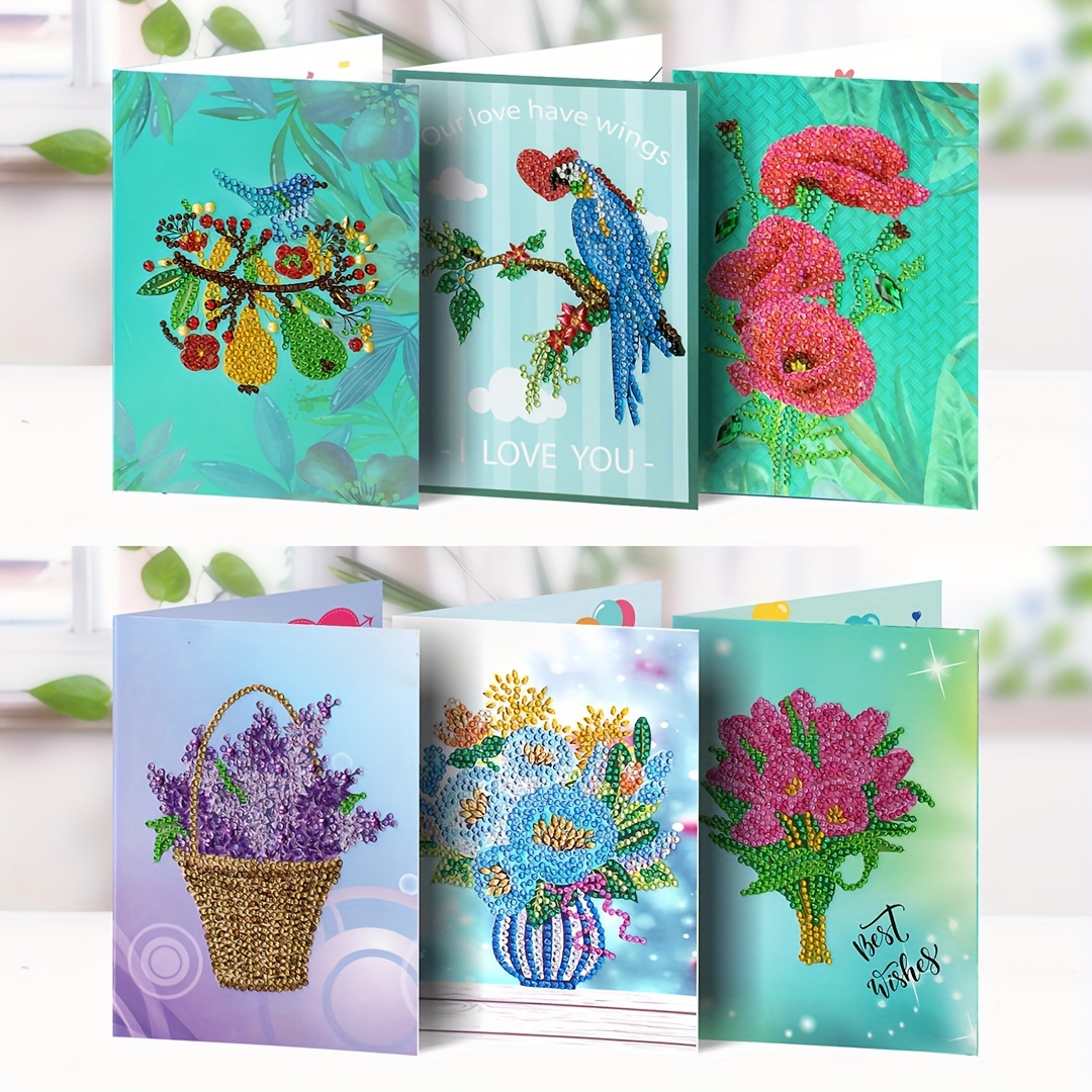 

6pcs Diamond Art Painting Diy Handmade Diamond Flower And Bird Series 5d Crafted Exquisite Greeting Card Exchange Blessing Card 5.12inx7.09in (comes With 6 White Envelopes)