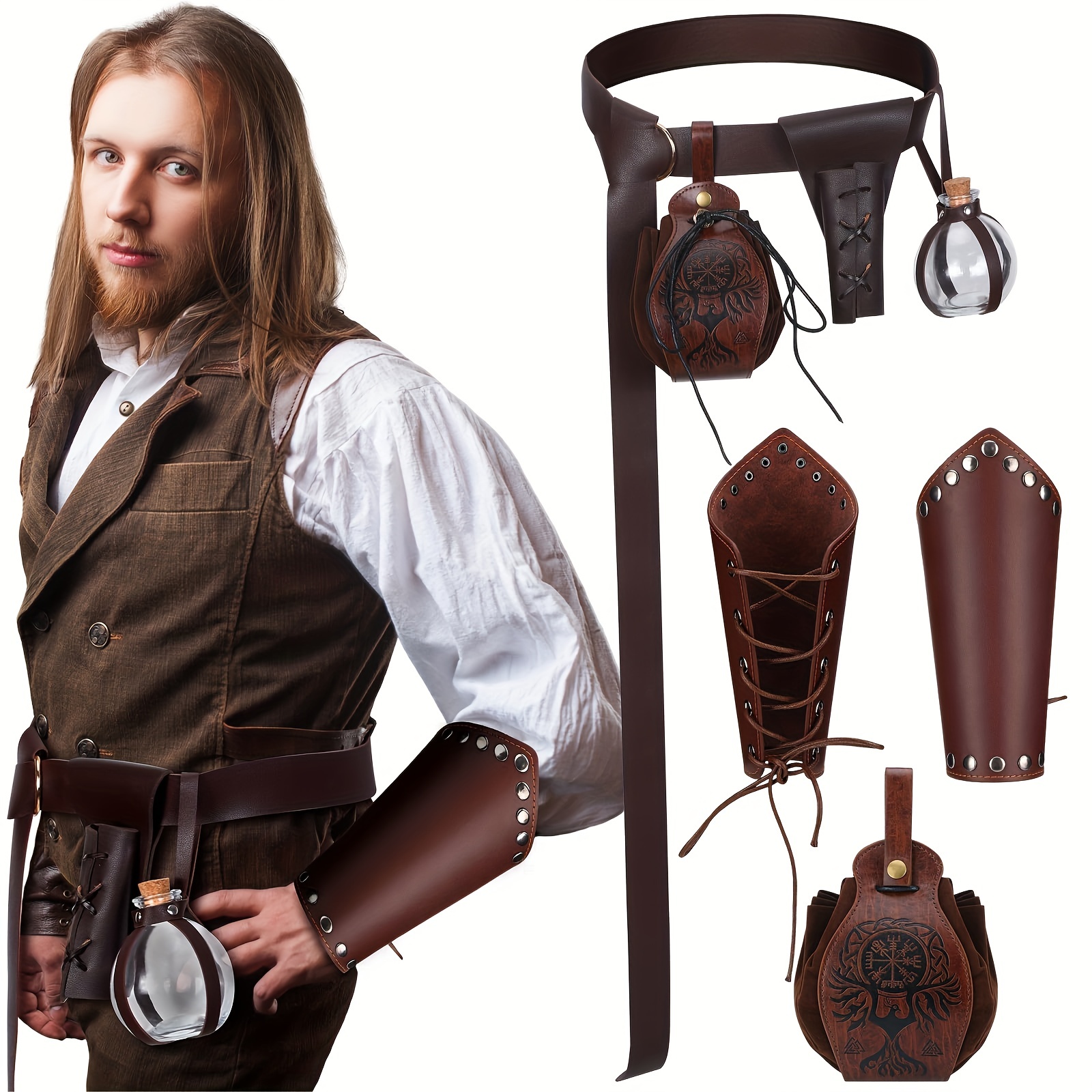  BEACANDY Men's Renaissance Viking Costume with Leather Bracers,  Cloak, Potion Bag, Viking Sword Holder for Ren Faire Cosplay : Clothing,  Shoes & Jewelry