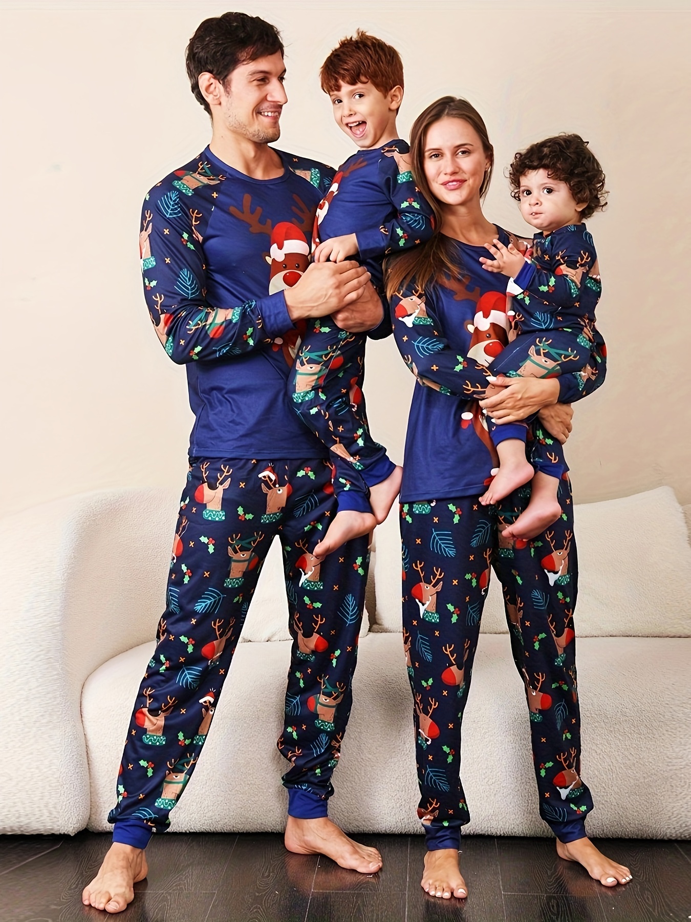 Christmas Deer Print Pajama Set Long Sleeve Round Neck Top - Temu