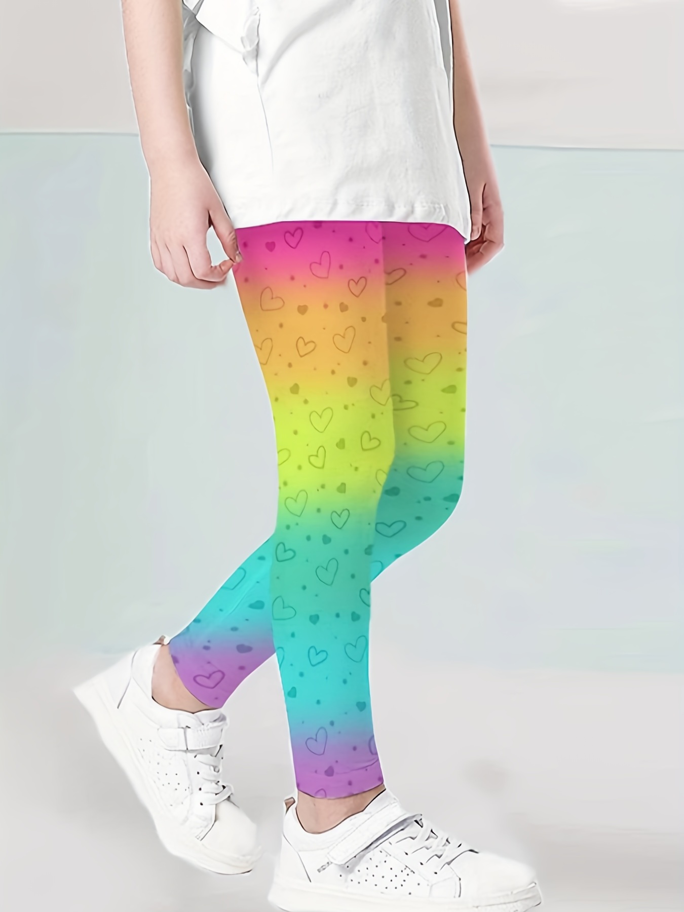Rainbow Color Leggings Girls Cute Heart Graphic Pants Kids - Temu