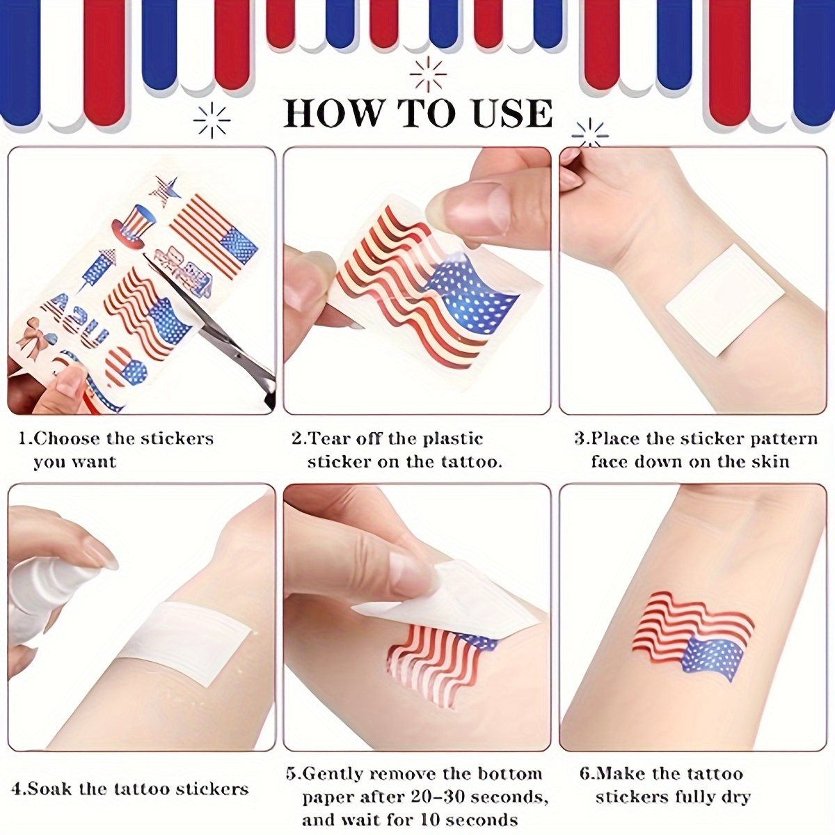 Ctosree 492 Pcs Fourth of July Temporary Tattoos 72 Sheets Patriotic  Decorations Stickers Red White and Blue Party Supplies for Face Kids Adults  Art USA Flag Memorial Day Independence Day Labor Day