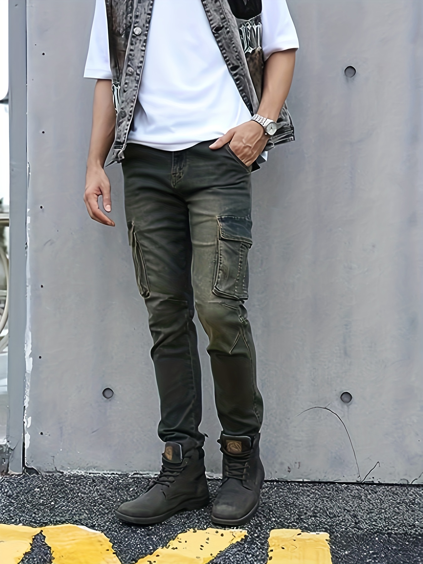 Slim Fit Cargo Jeans, Men's Casual Street Style Flap Pocket Slightly  Stretch Tie Dye Denim Pants For Spring Fall - Temu