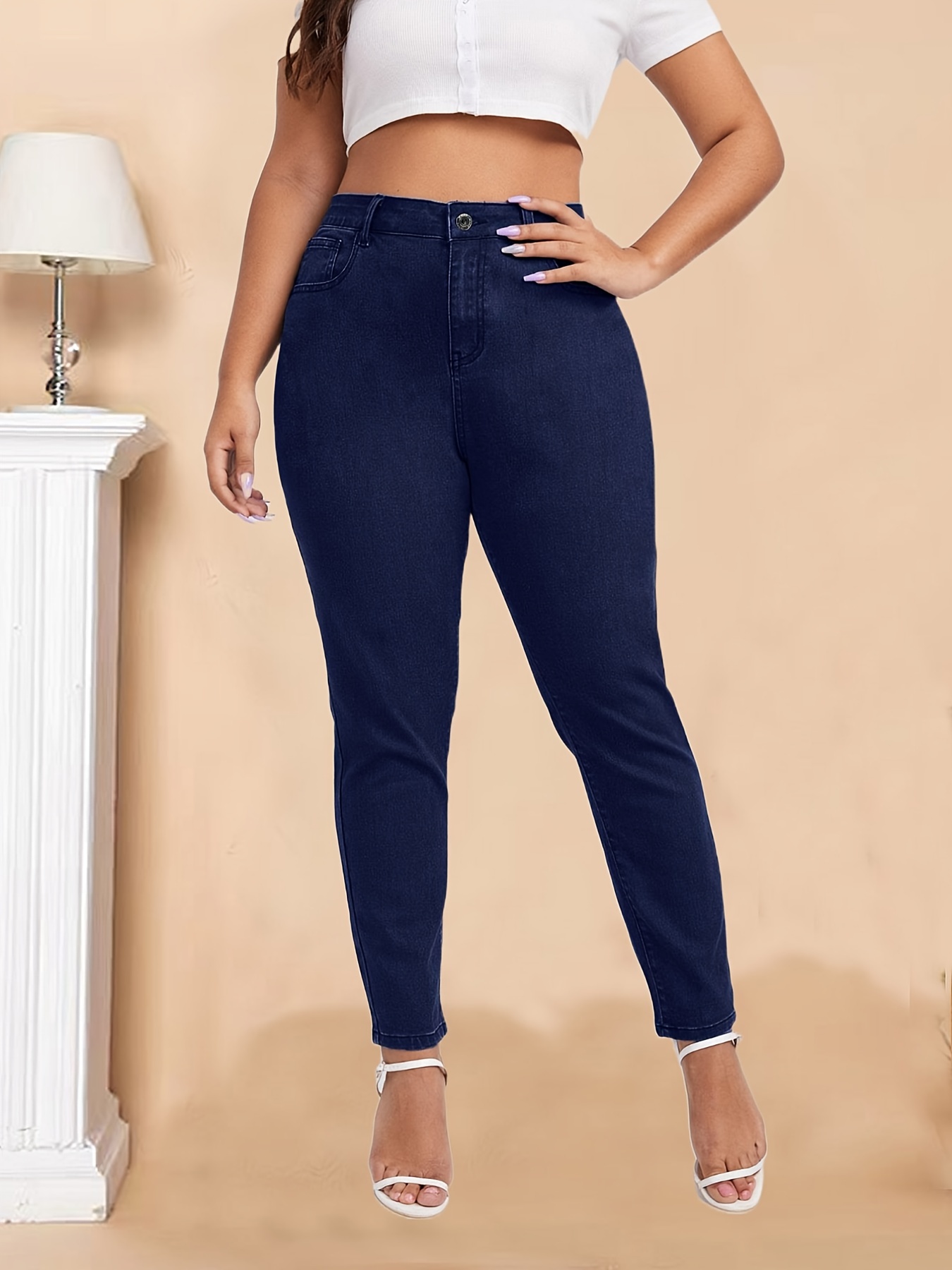 Plus Size Basic Jeans Women's Plus Elastic Waisted High - Temu Canada