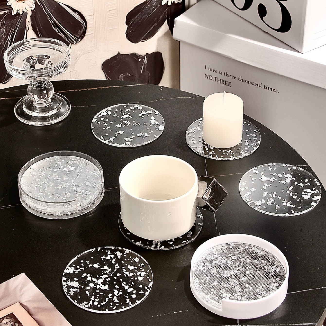 6pcs, Heat-Resistant Acrylic Coasters with Golden Foil Design - Transparent  and Washable Kitchen Supplies