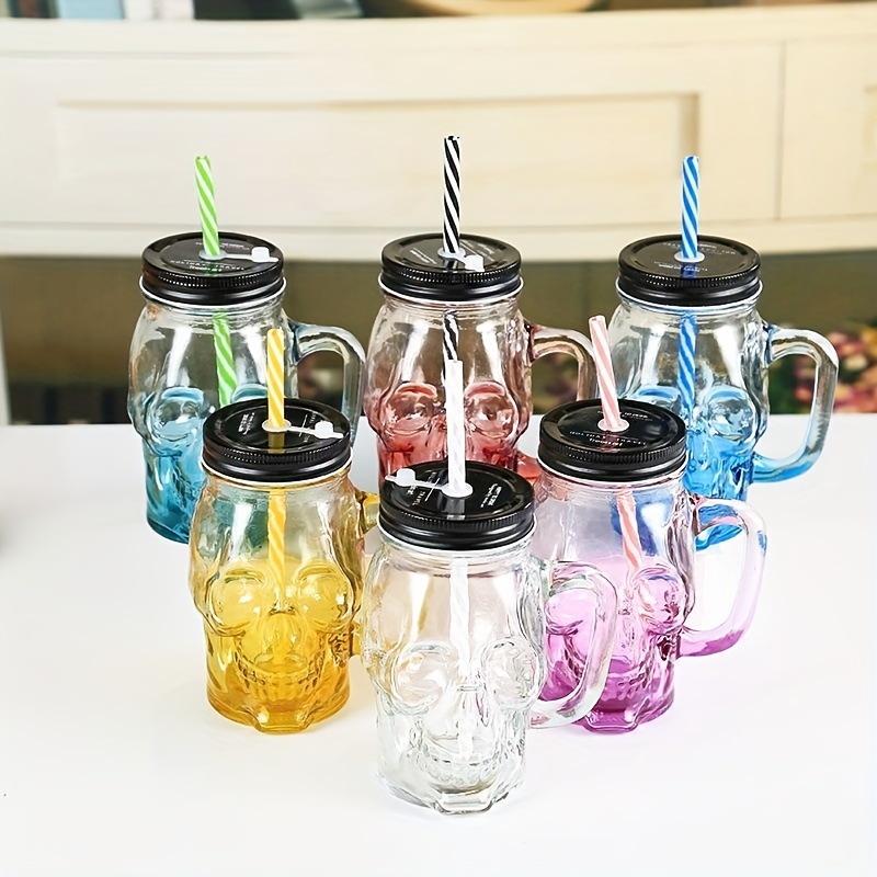 Darware Skull Mason Jar Mugs (Set of 4); Clear 12oz Glasses with Reusable  Straws