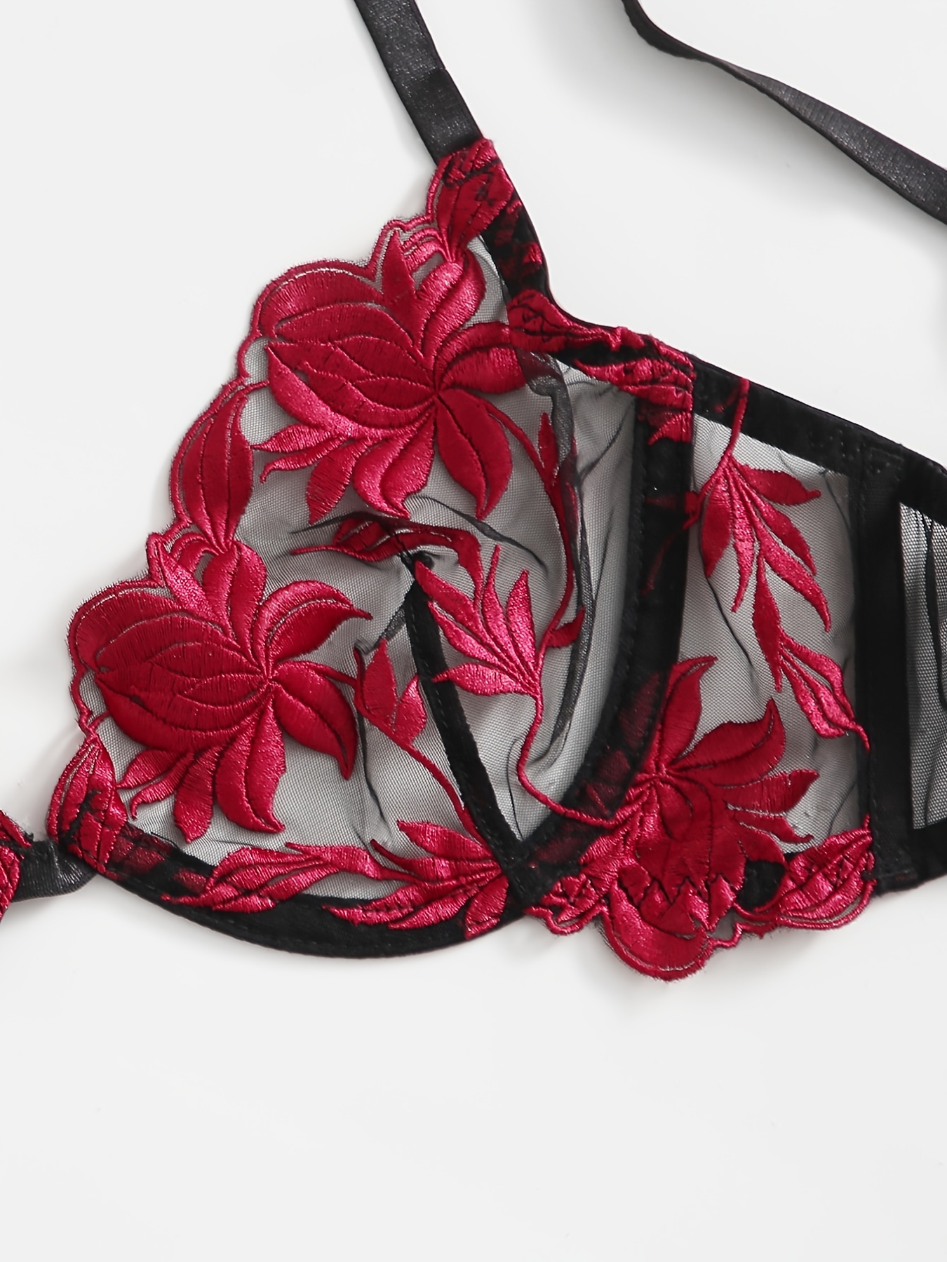 Sexy Floral Embroidery Lingerie Set Unlined Mesh Bra Sheer - Temu