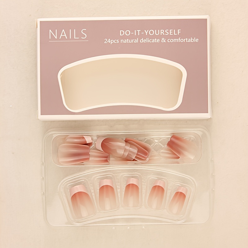 24pcs glossy nude square fake nails short length press on nails with french tip design minimalist style false nails for women girls details 1