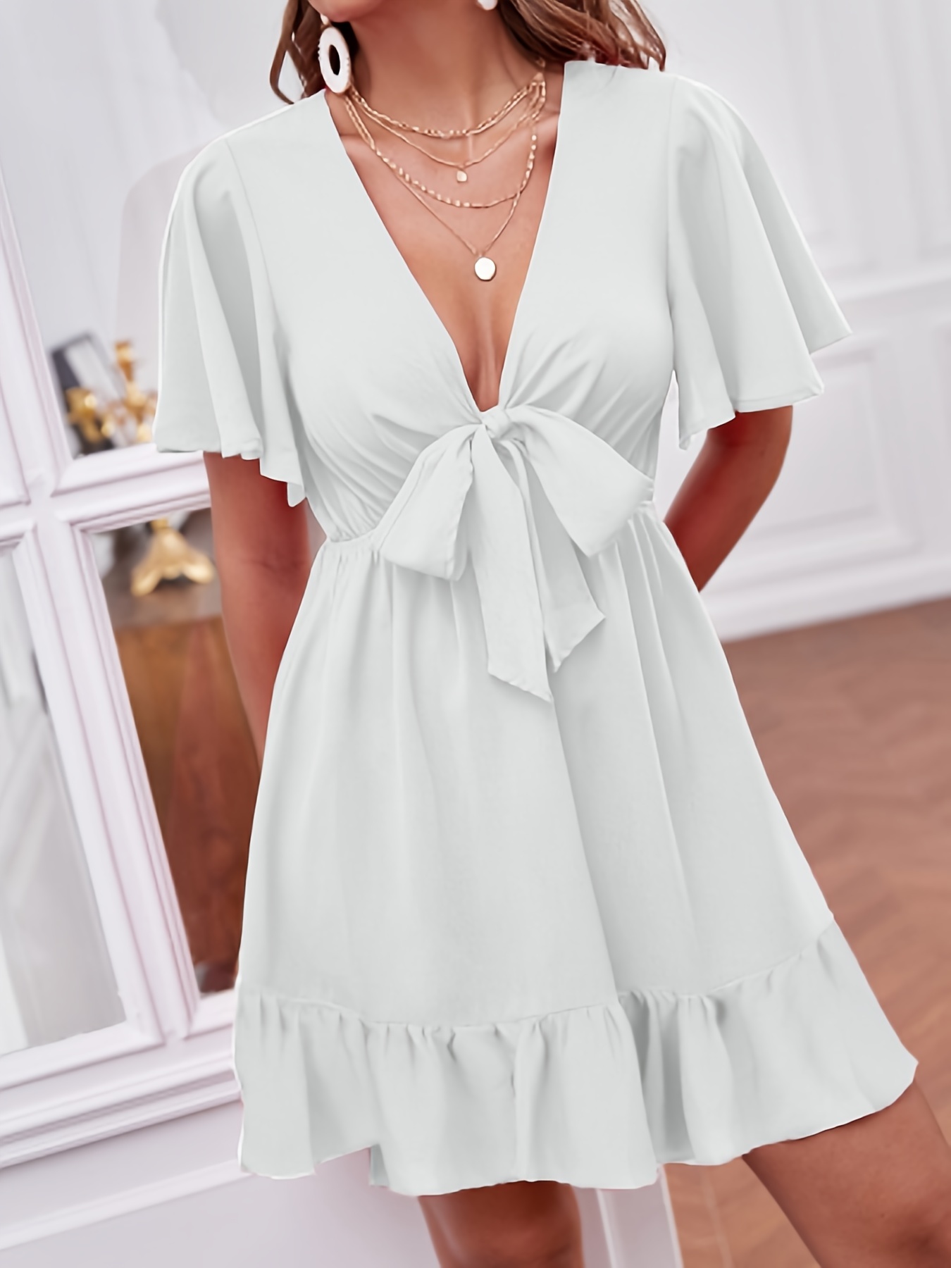 Ruffle Trim Bow Tie Dress, Elegant Solid Short Sleeve V Neck Midi Dress,  Women's Clothing