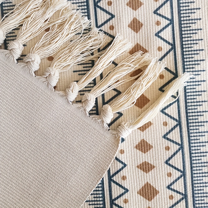 Boho Handwoven Linen Area Rug With Tassels Absorbent Bath Rug