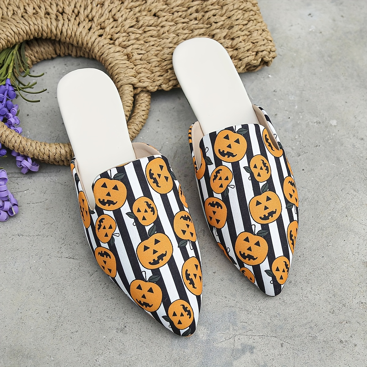 Women's Pumpkin Print Flat Mules, Elegant Point Toe Dress Shoes,  Lightweight Slip On Halloween Shoes - Temu