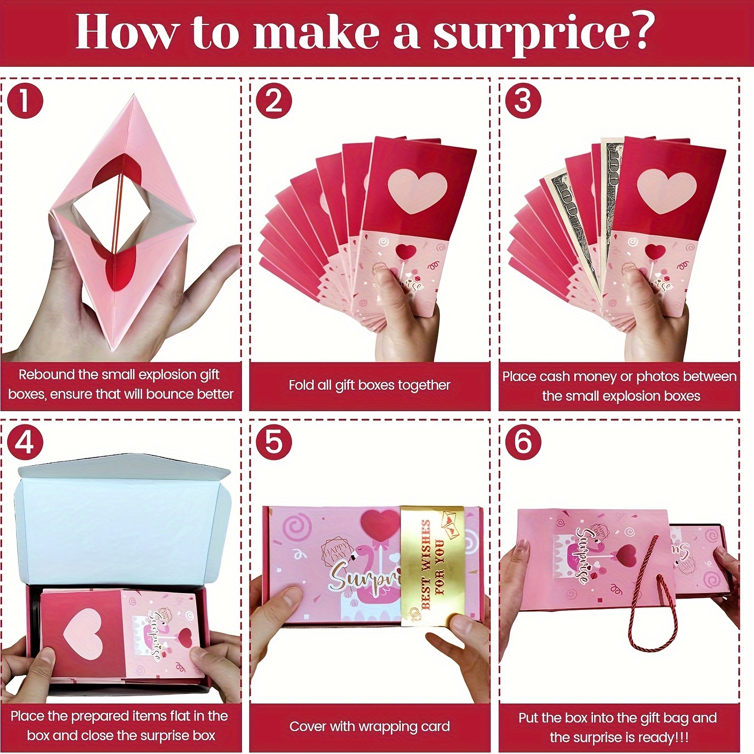 Valentine Surprise Gift Box Explosion,Surprise Gift Box & Birthday Box,Money  Box For Cash Gift, Explosion Gift Box Pop Up For Birthday Christmas  Anniversary Valentine Wedding (Pink)