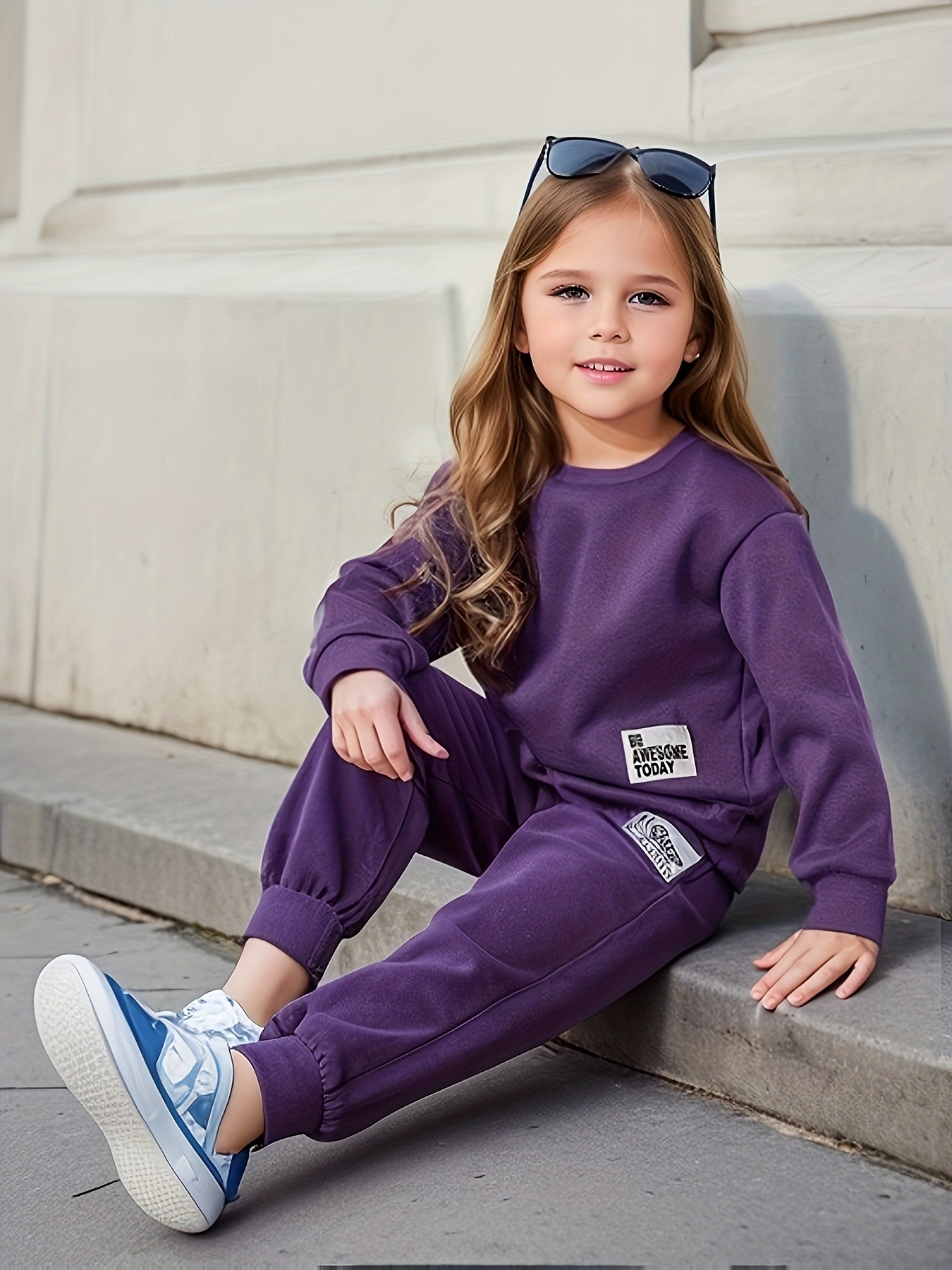 Girls Clothes ''Be Awesome Today'' Fashion Patch Long Sleeve Sweatshirt And  Pants Set, Kids Sports Leisure Suit For Spring/ Fall