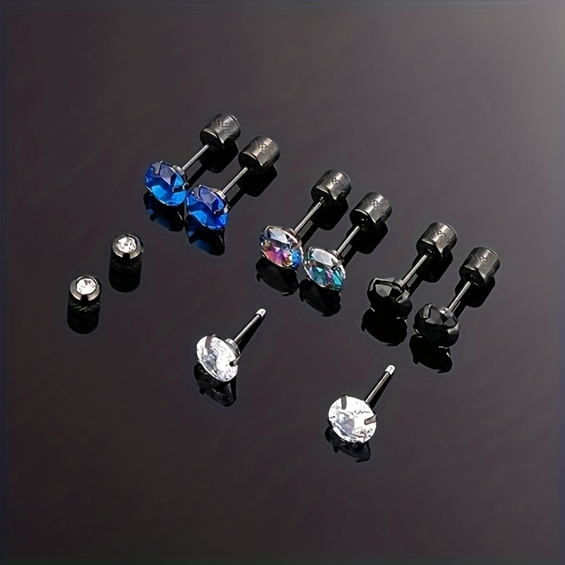 4 Pairs Stainless Steel Cubic Zirconia Stud Earrings for Men