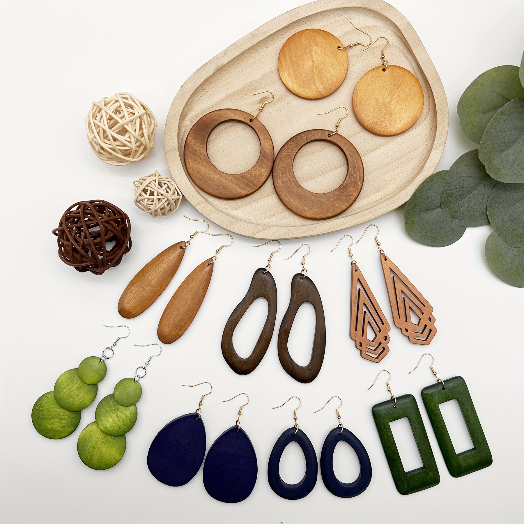 Image of 9-pair (for 1 Suite) Wood Earrings - Minimalist Classic Wooden Studs & , Wood Grain Suitable For Daily Wear & Vacation, Neutral Tones