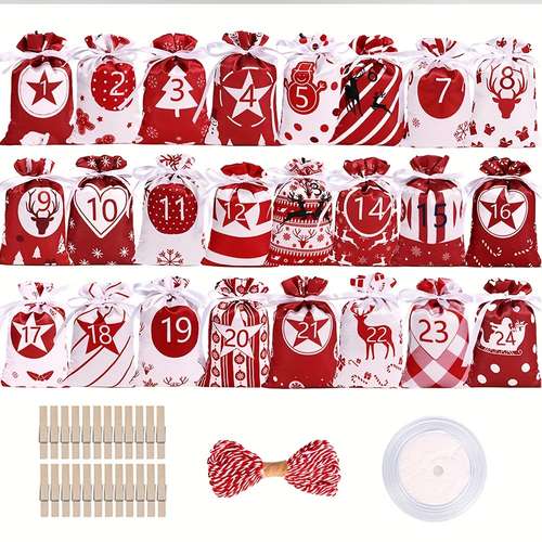 Set Van 24 Kerst Adventskalender Zakken, Met 24 Dagen Hangende Trekkoordzakken Voor De Aftelt. Perfect Voor Het Versieren Van Uw Huis Of Kantoor Tijdens De Feestdagen. - Huis En Keuken
