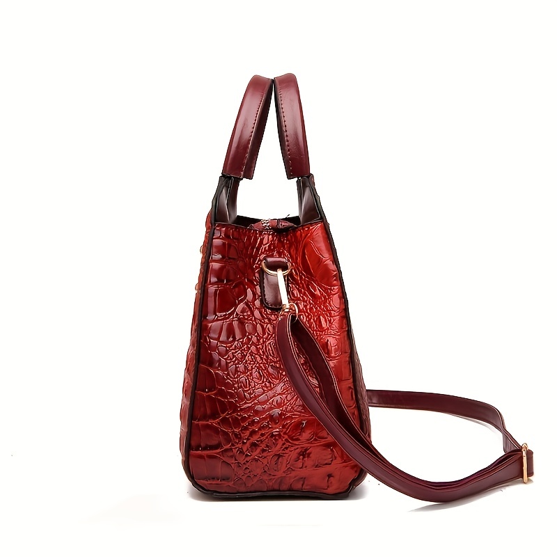 Crocodile Embossed Hand Bag Set, Zipper Shoulder Bag, Buckle Decor Clutch  Purse & Small Card Bag - Temu