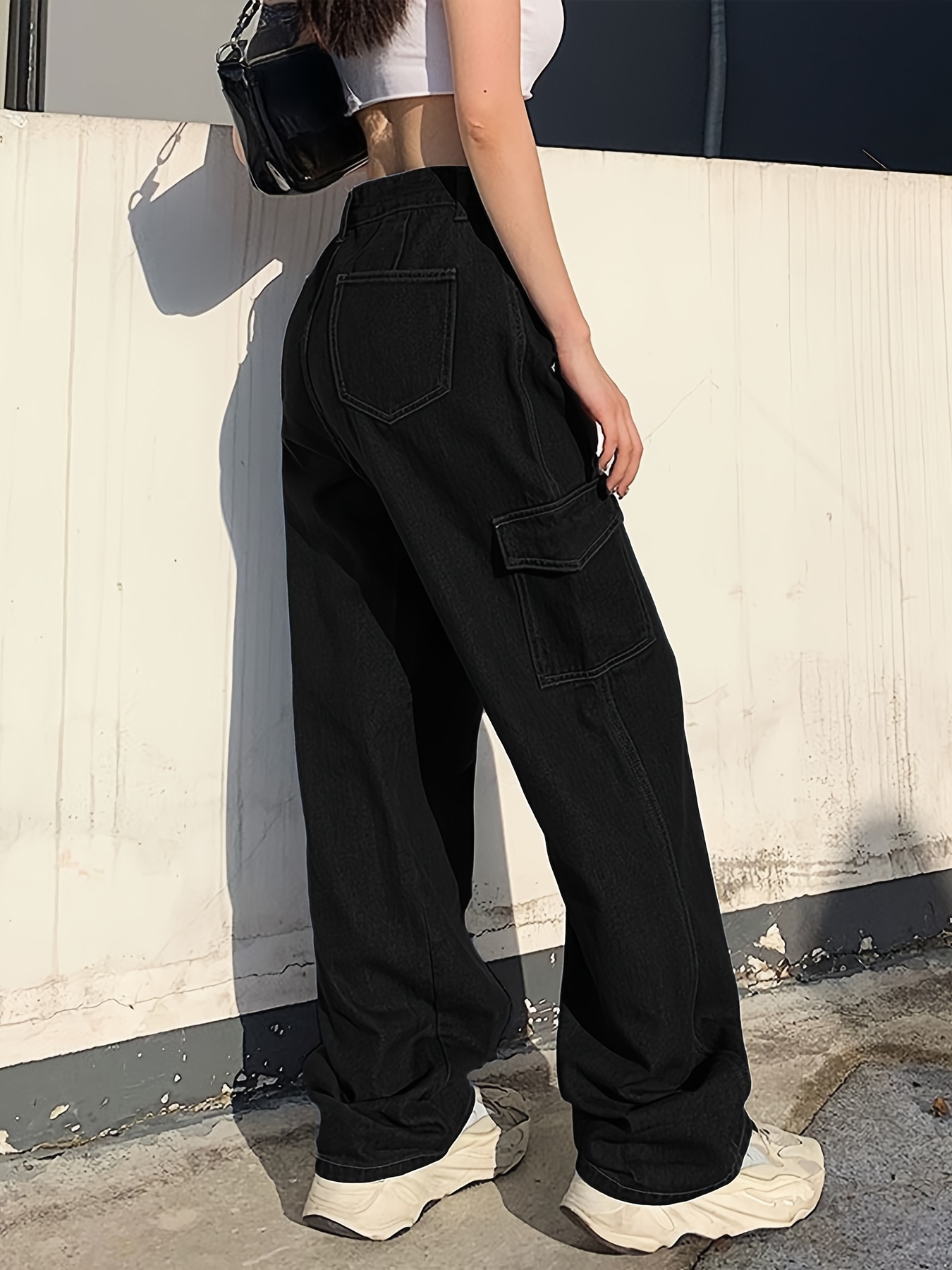 High Waist Solid Color Pockets Pants, Loose Button Zip Up Cargo Trousers,  Casual Street Teen Stylish, Women's Denim Jeans & Clothing