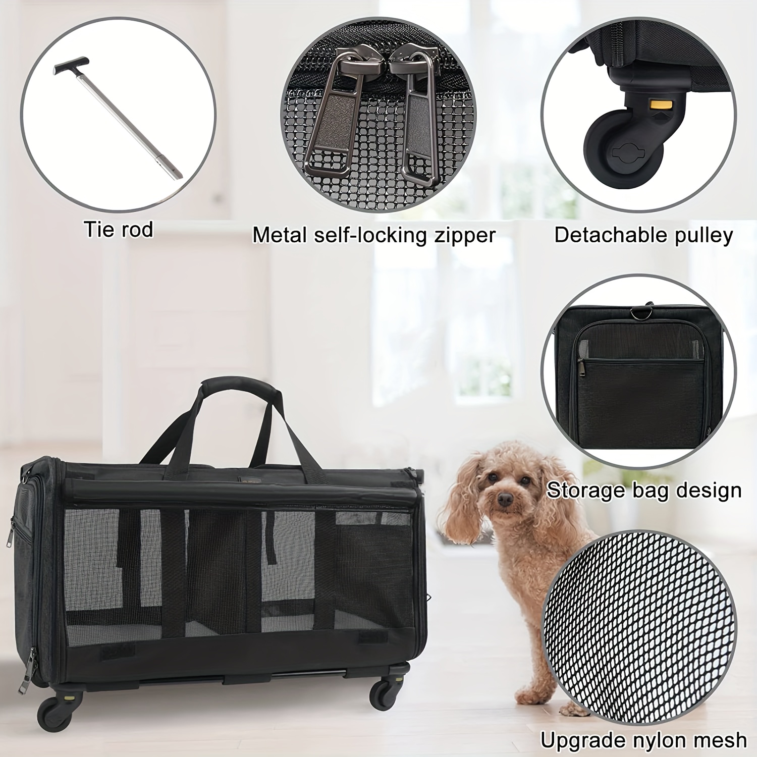 Pet Carrier with Detachable Wheels for Small and Medium Dogs