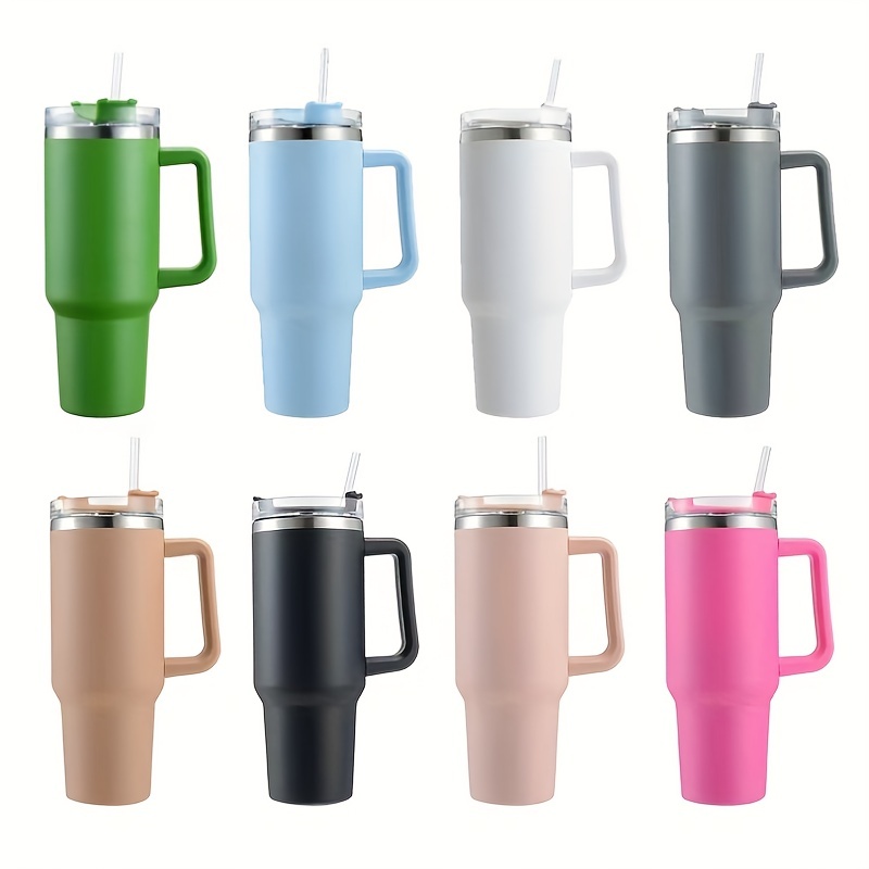 1200ml/40oz Tumbler With Handle And Straw, Stainless Steel Cold Drink Cup  With Handle And Anti-leak Lid, Car-mounted Straw Cup For Outdoor Travel,  Water Bottle With Dust-proof Lid, Silicone Handle, And Straw For