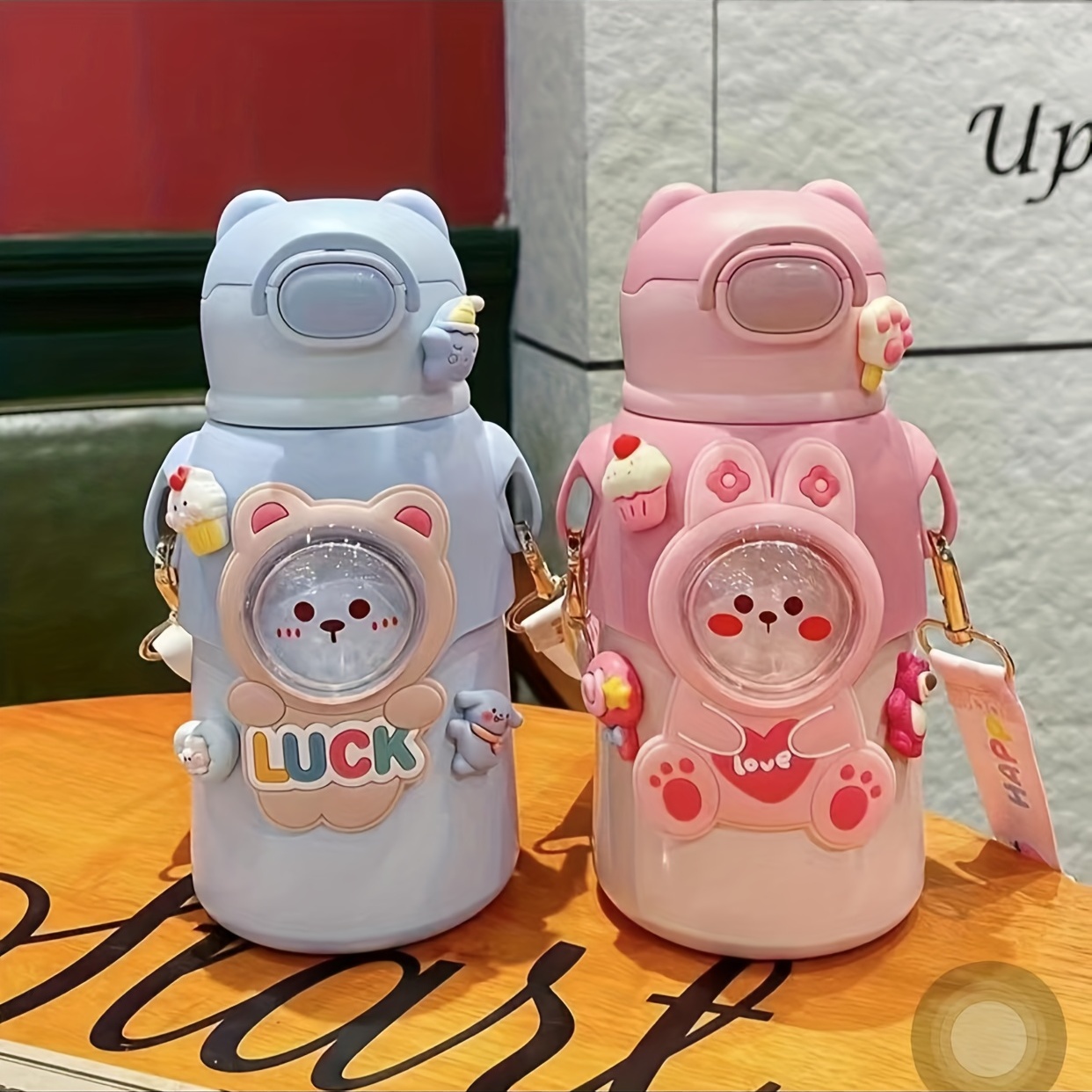 Cartoon Vacuum Cup With Straw And Strap Stainless Steel - Temu