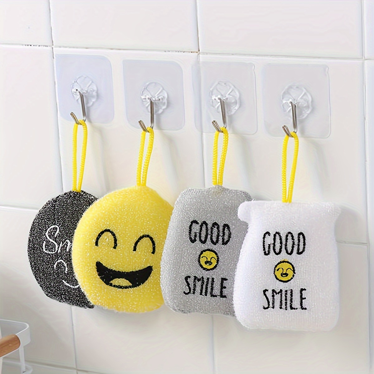4pcs Cartoon Smiling Face Dishwashing Sponge Wipe Non Scratch