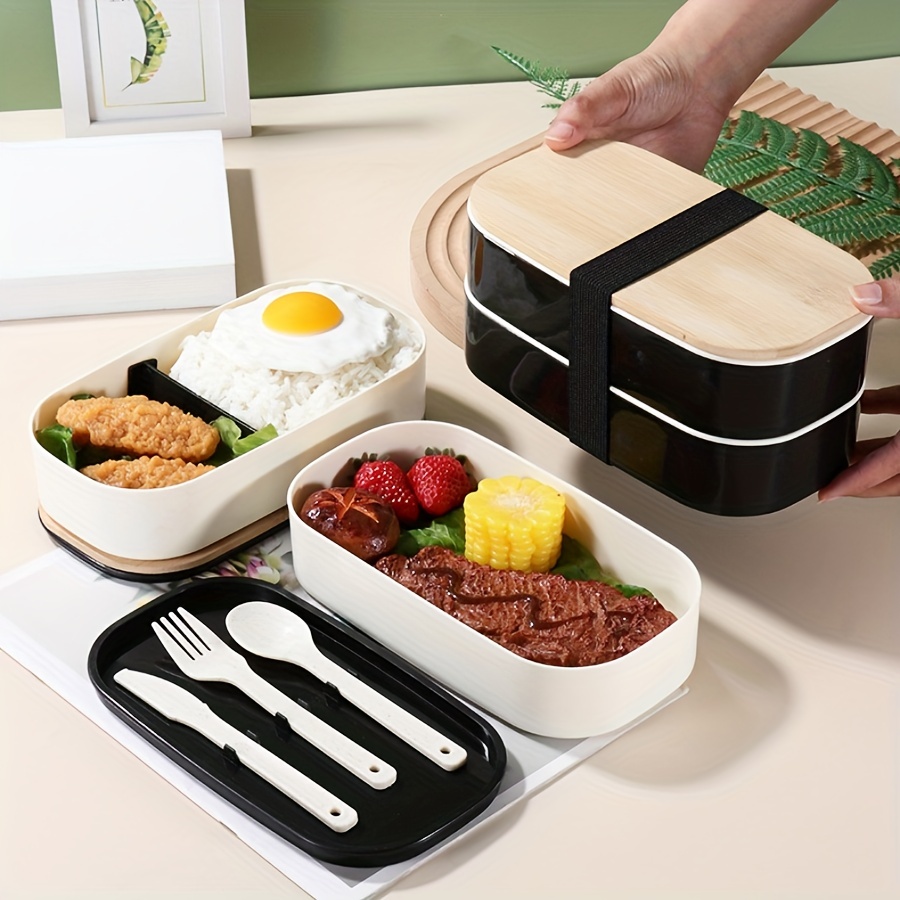 1pc Premium Bento Box Adult Lunch Box With 2 Compartments And Chopsticks,  Large Sauce Container, Cute Black Japanese Style Bento Box, Rectangle, Micro