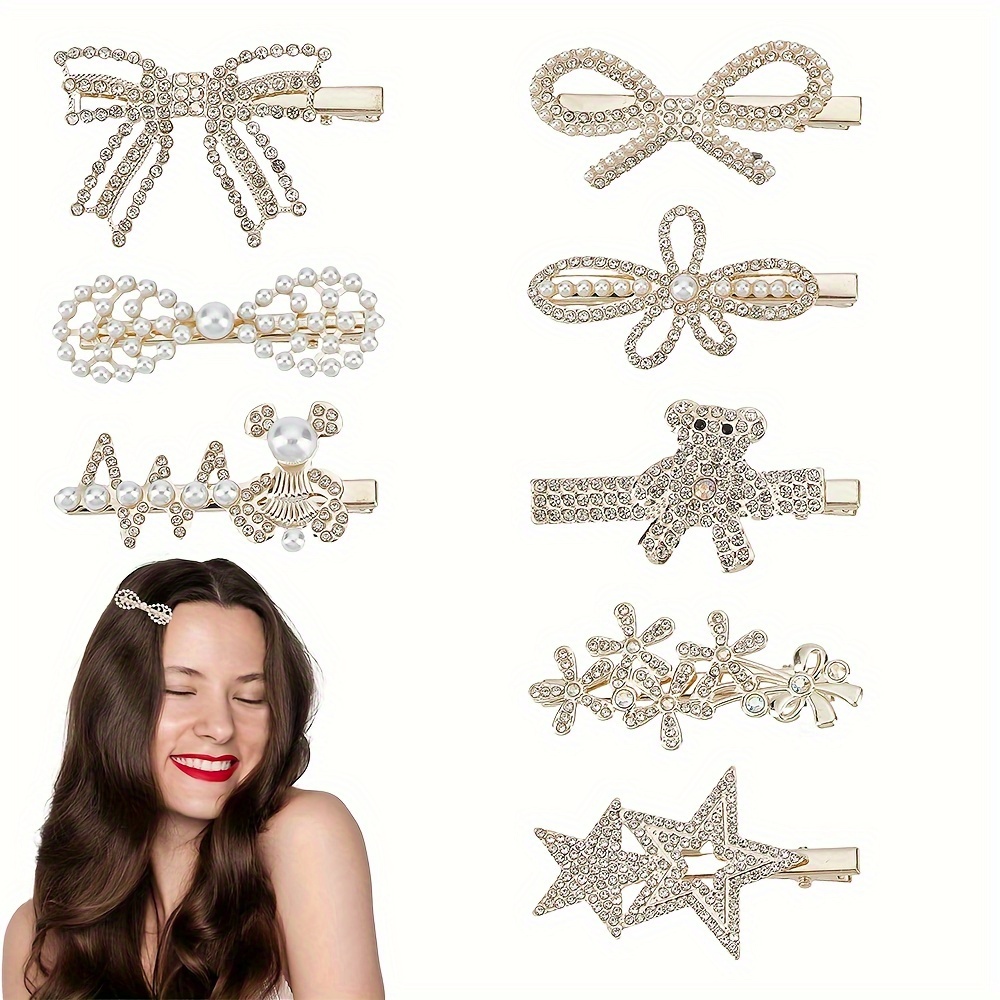 

8pcs/set Sparkling Rhinestone Hair Barrettes, Bowknot Shaped Hair Clips, Butterfly Decorative Hair Clips, Flower Shaped Hairdressing Accessories, Suitable For Women