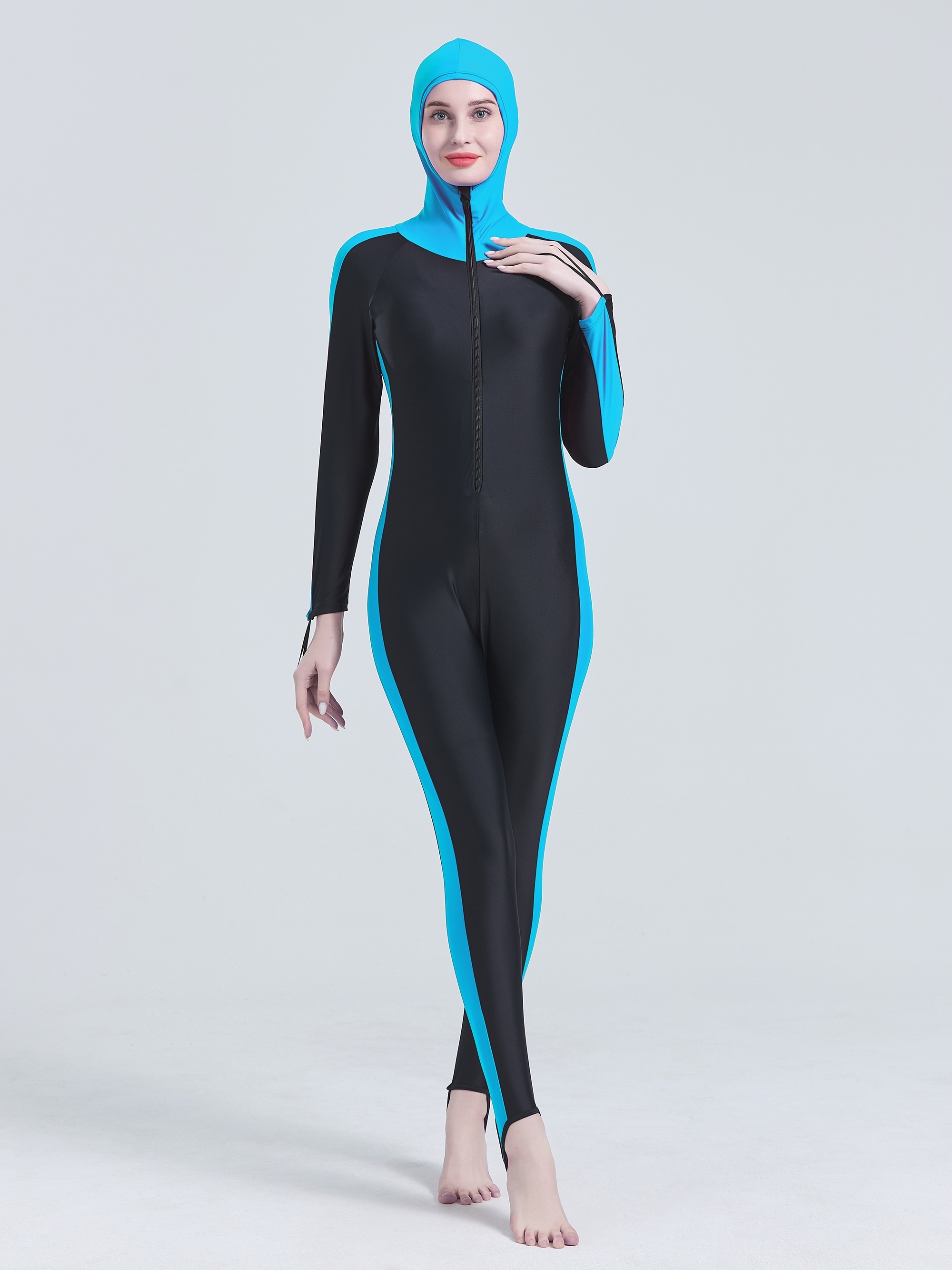 * Women's Hooded Hijab Style Swimwear with Long Sleeves and Belted Legs -  Colorblock Bathing Suit for Modest Coverage and Sun Protection